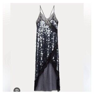 Zara Collection SzS Sequin Lace Slip Side Slit Midi Dress Grey Black Party NWOT